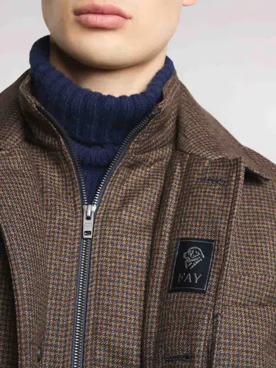 Fay Brown Checked Wool Jacket With Subtle Detailing In Multi