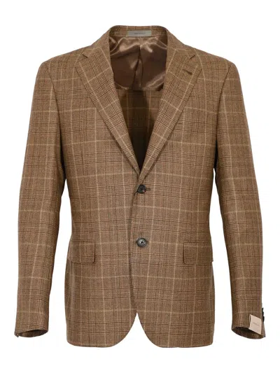 Corneliani Single-breasted Prince Of Wales Wool Jacket In Brown