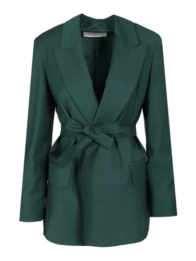 Max Mara Wool Canvas Blazer With Belt In Green