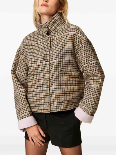 Twinset Boxy Cropped Jacket With Checked Pattern In Brown