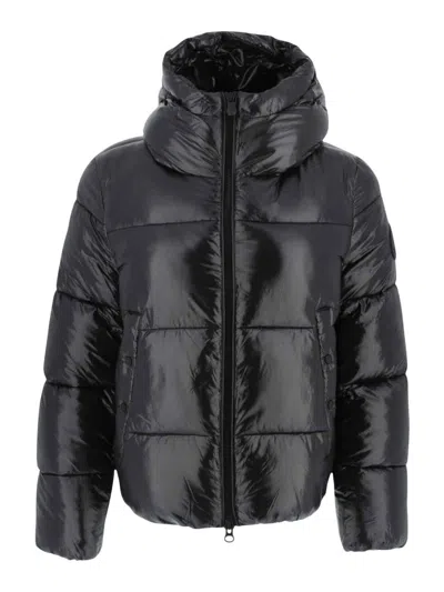 Save The Duck Biddy Black Down Jacket With Hood And Logo Patch On The Sleeve In Tech Fabric Man In Multi