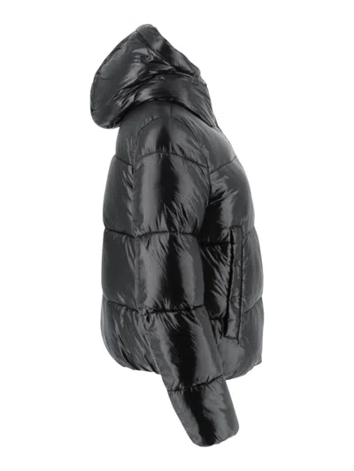 Save The Duck Biddy Black Down Jacket With Hood And Logo Patch On The Sleeve In Tech Fabric Man In Multi