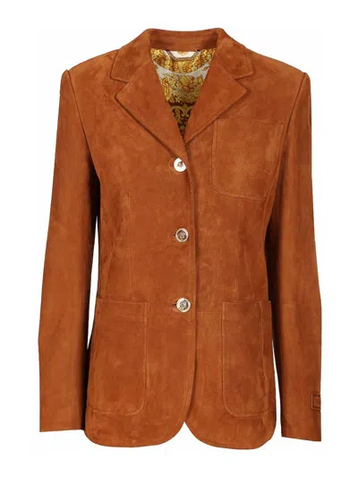 Versace Long Sleeve Leather Jacket In Brown