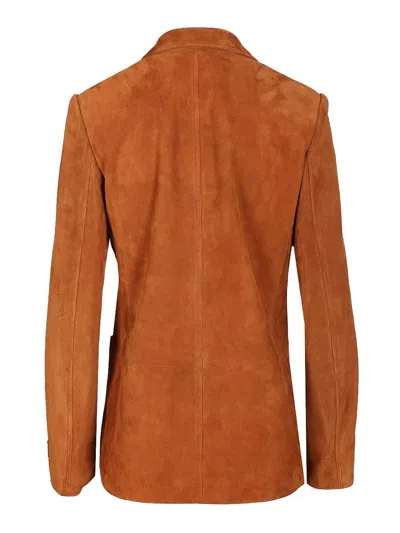 Versace Long Sleeve Leather Jacket In Brown