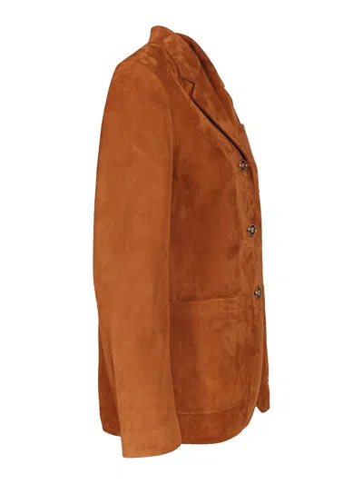 Versace Long Sleeve Leather Jacket In Brown