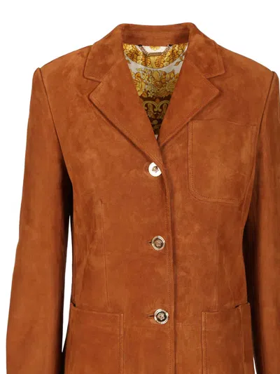 Versace Long Sleeve Leather Jacket In Brown