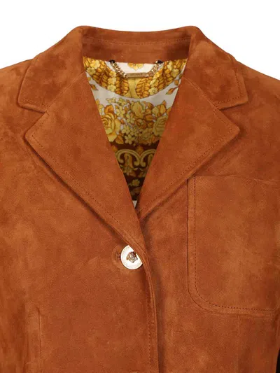 Versace Long Sleeve Leather Jacket In Brown