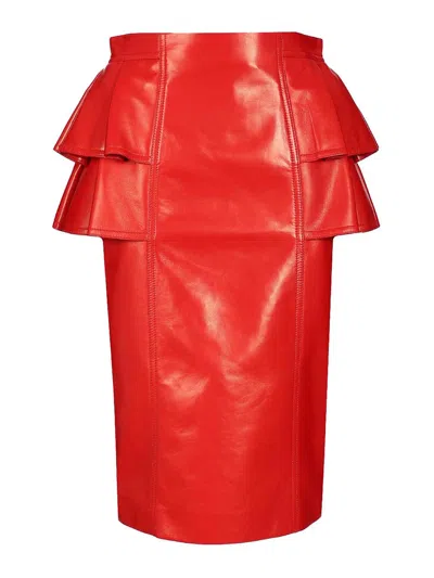Valentino Leather Midi Skirt In Orange