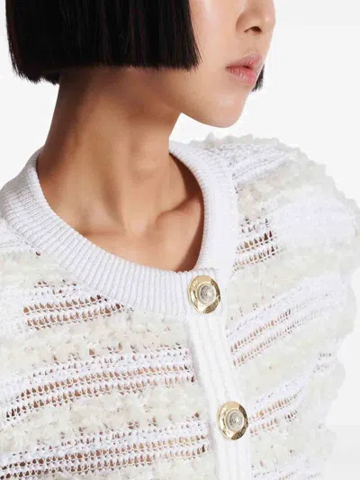 Balmain Tweed Knit Cardigan Featuring Shoulder Pads In White