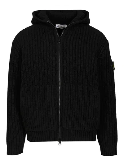 Stone Island Wool And Cashmere Hooded Cardigan In Black