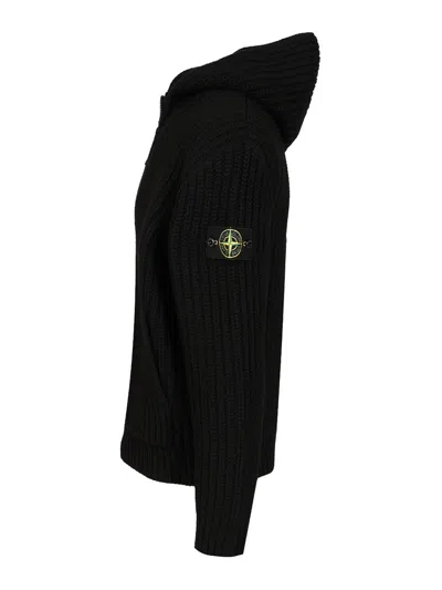 Stone Island Wool And Cashmere Hooded Cardigan In Black