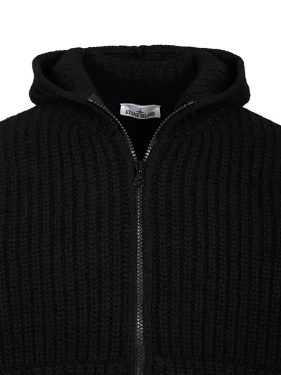 Stone Island Wool And Cashmere Hooded Cardigan In Black