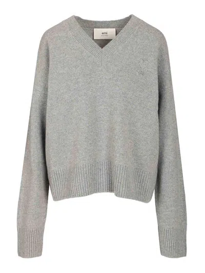 Ami Alexandre Mattiussi Wool V Neck Sweater Knitwear Grey In Gray