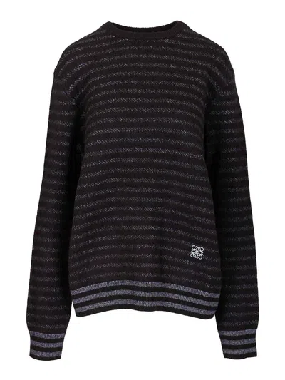 Loewe Navy Blue Striped Wool Sweater In Black