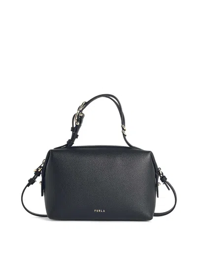 Furla Double Mini Black Leather Bag In Black
