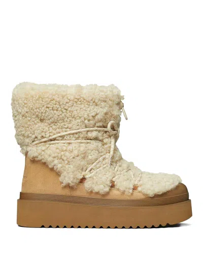 Tory Burch Cozy Shearling Ankle Boots Platform Sole In White