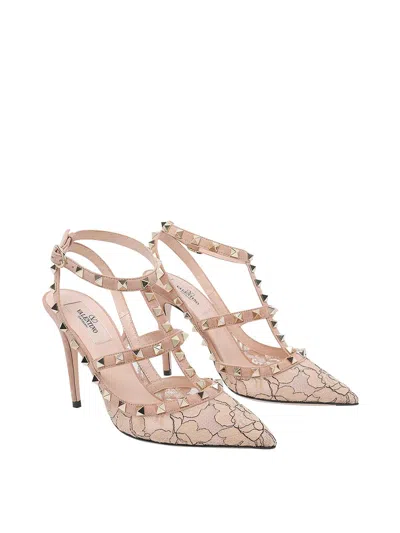 Valentino Rockstud 100 Lace And Leather Pumps In Neutral