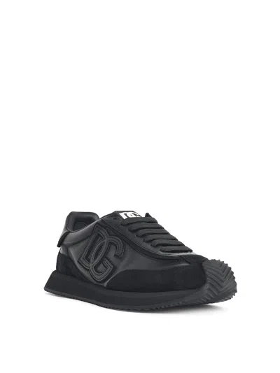 Dolce & Gabbana Round Toe Leather Sneakers With Suede Accents In Black