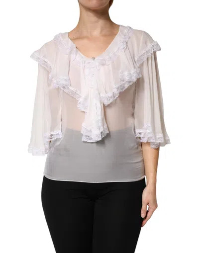 Pre-owned Dolce & Gabbana White Ruffles Lace Long Sleeve Blouse Women's Top ()