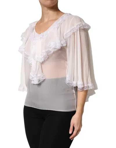 Pre-owned Dolce & Gabbana White Ruffles Lace Long Sleeve Blouse Women's Top ()