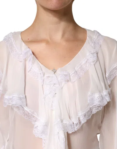 Pre-owned Dolce & Gabbana White Ruffles Lace Long Sleeve Blouse Women's Top ()