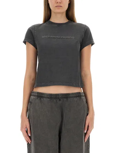 Alexander Wang Fitted Cropped T-shirt With Subtle Logo In Gray