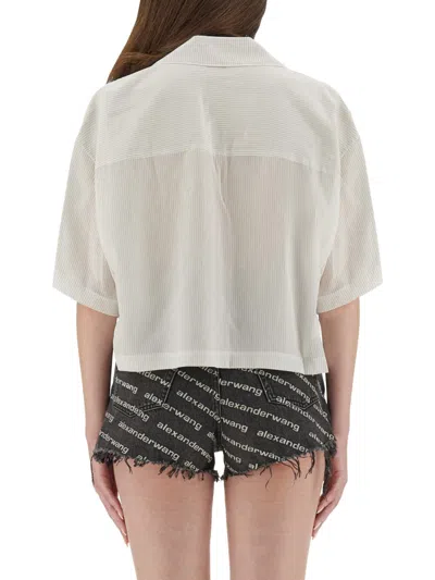 Alexander Wang T T By Alexander Wang Cropped Striped Shirt With Embroidered Logo In White