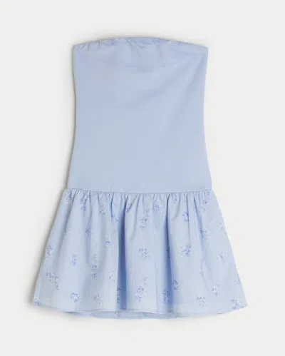 Hollister Strapless Drop-waist Knit-woven Mini Dress In Blue