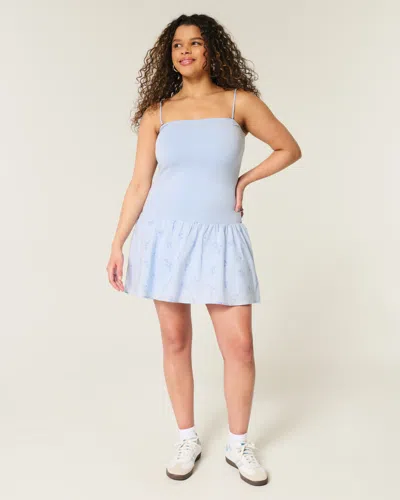 Hollister Strapless Drop-waist Knit-woven Mini Dress In Blue