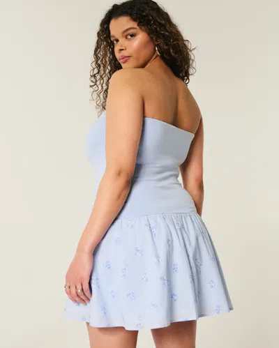 Hollister Strapless Drop-waist Knit-woven Mini Dress In Blue