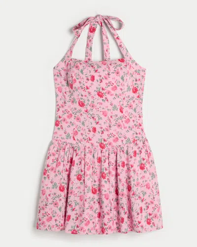 Hollister Drop Waist Halter Mini Dress In Pink