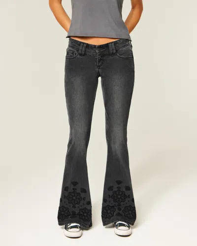 Hollister Ultra Low-rise Floral Embroidery Washed Black Flare Jeans In Gray