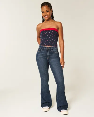 Hollister Curvy High-rise Dark Wash Flare Jeans In Blue