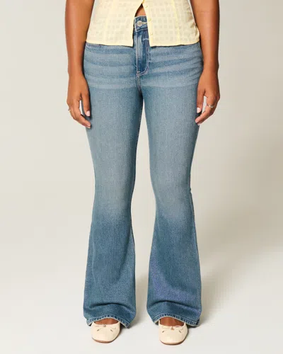 Hollister Curvy High-rise Medium Wash Flare Jeans In Blue