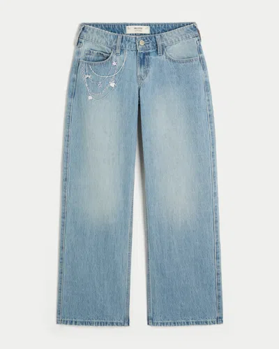 Hollister Low-rise Light Wash Chain Embroidery Baggy Jeans In Blue