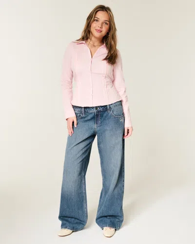 Hollister Low-rise Dark Wash Floral Embroidery Baggy Jeans In Blue