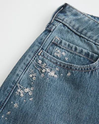 Hollister Low-rise Dark Wash Floral Embroidery Baggy Jeans In Blue
