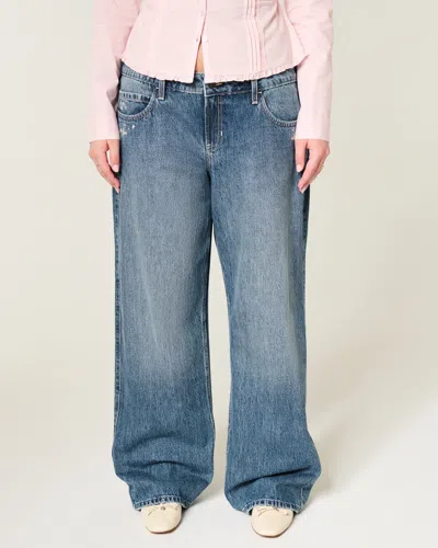 Hollister Low-rise Dark Wash Floral Embroidery Baggy Jeans In Blue