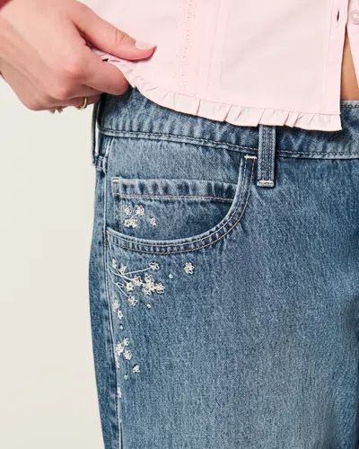 Hollister Low-rise Dark Wash Floral Embroidery Baggy Jeans In Blue