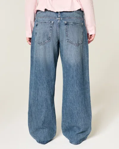 Hollister Low-rise Dark Wash Floral Embroidery Baggy Jeans In Blue