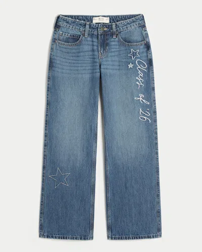 Hollister Low-rise Dark Wash Class Of '26 Embroidered Baggy Jeans In Blue