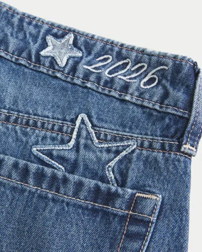 Hollister Low-rise Dark Wash Class Of '26 Embroidered Baggy Jeans In Blue