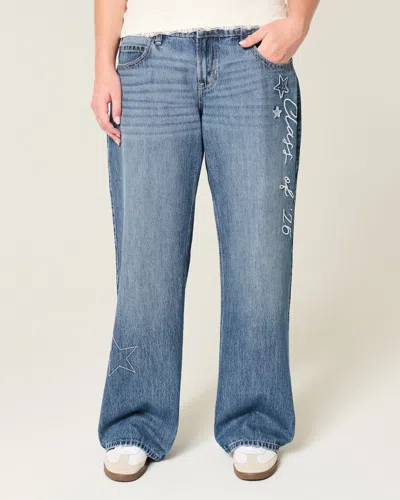 Hollister Low-rise Dark Wash Class Of '26 Embroidered Baggy Jeans In Blue