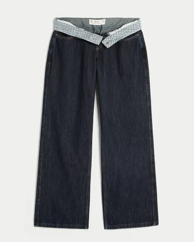 Hollister Curvy Low-rise Dark Wash Foldover Waist Baggy Jeans In White