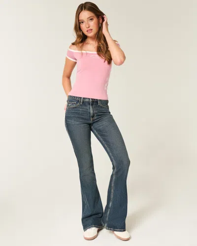 Hollister High-rise Dark Wash Embroidered Florals Flare Jeans In Blue