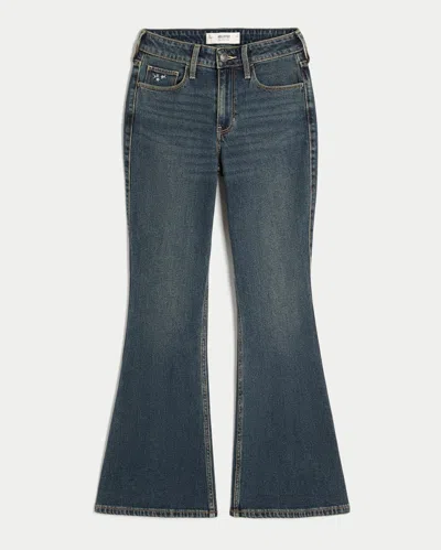 Hollister High-rise Dark Wash Embroidered Florals Flare Jeans In Blue