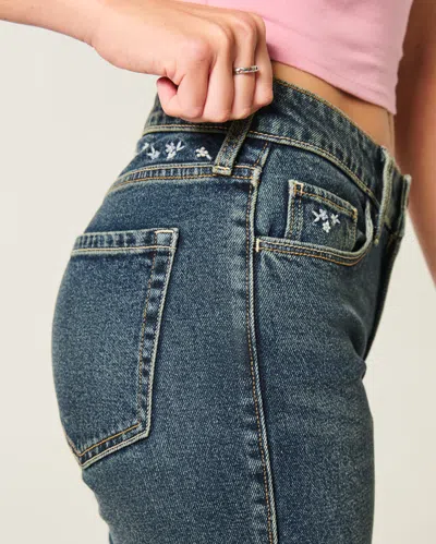 Hollister High-rise Dark Wash Embroidered Florals Flare Jeans In Blue