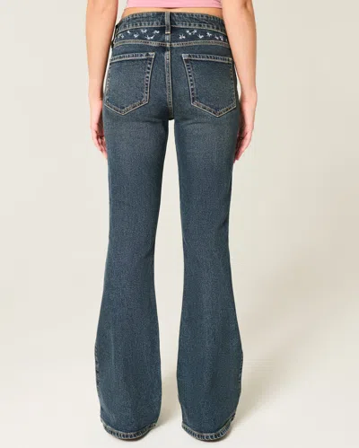 Hollister High-rise Dark Wash Embroidered Florals Flare Jeans In Blue