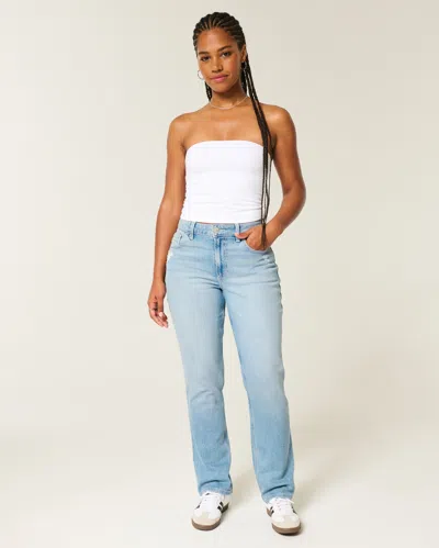 Hollister Curvy High-rise Distressed Light Wash Straight Jeans In Blue