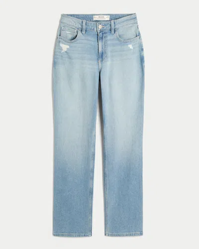 Hollister Curvy High-rise Distressed Light Wash Straight Jeans In Blue